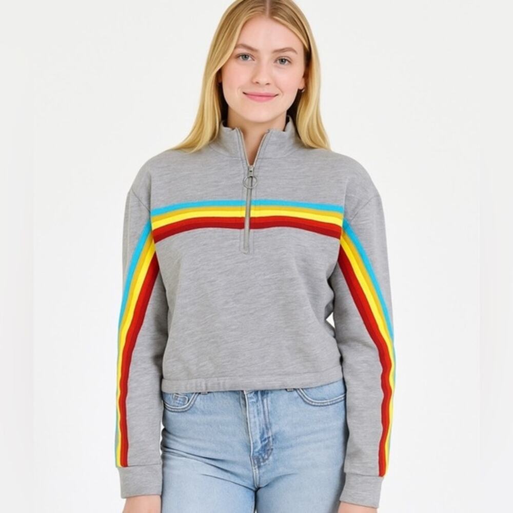 ILLA ILLA Women's Gray Rainbow Stripe 1/4 Zip Pullover Sweatshirt Size Small